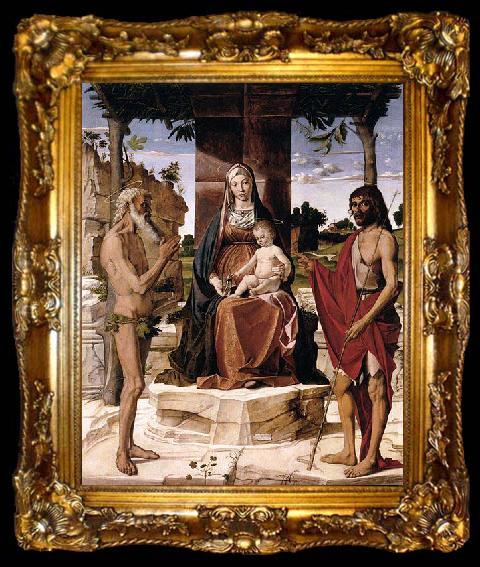 framed  Bartolomeo Montagna Madonna and Child under a Pergola with St John the Baptist and St Onofrius, ta009-2